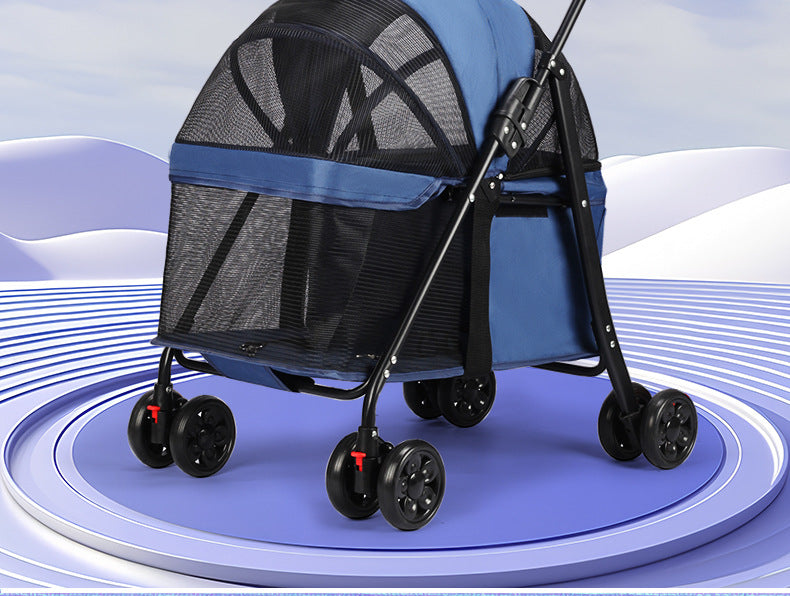 Pet stroller with blue cover and black mesh sides on a white and blue gradient background