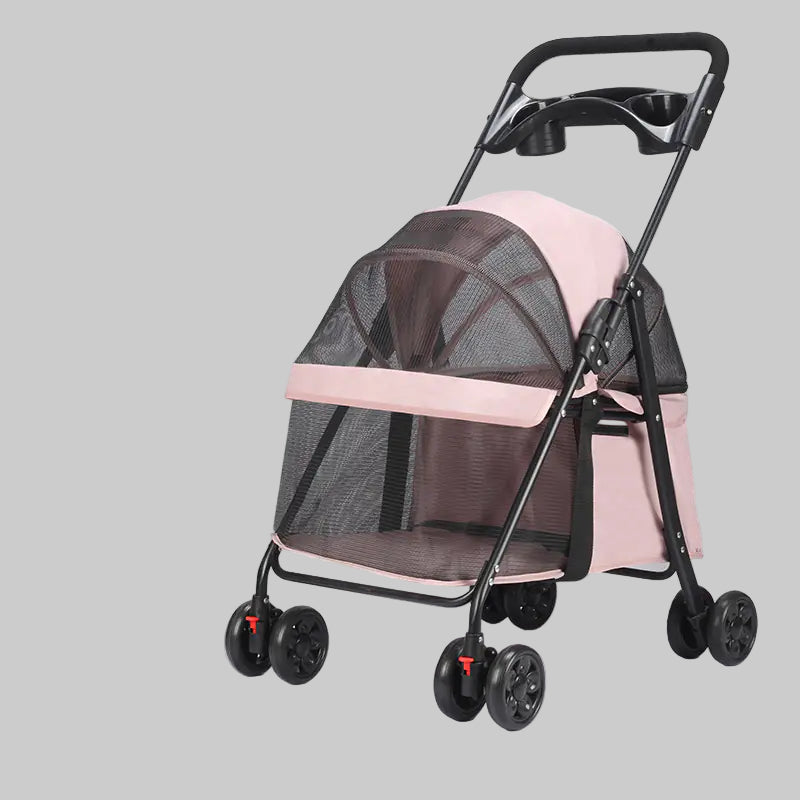 Pink pet stroller with black mesh cover on a light grey background