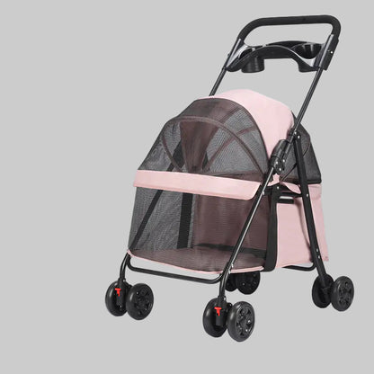 Pink pet stroller with black mesh cover on a light grey background