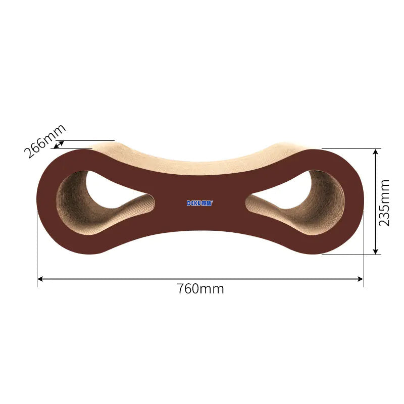 Cat scratch board, shaped like a Squashed Figure 8 laying on its side, with dimensions on a white background