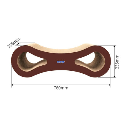 Cat scratch board, shaped like a Squashed Figure 8 laying on its side, with dimensions on a white background