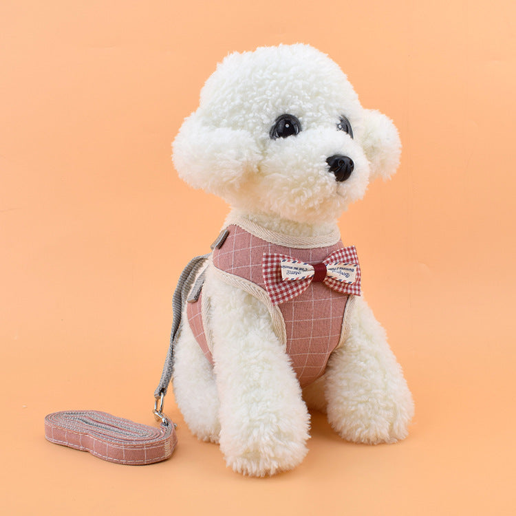 Bow Tie Chest Strap and Leash Combo Pink grid L