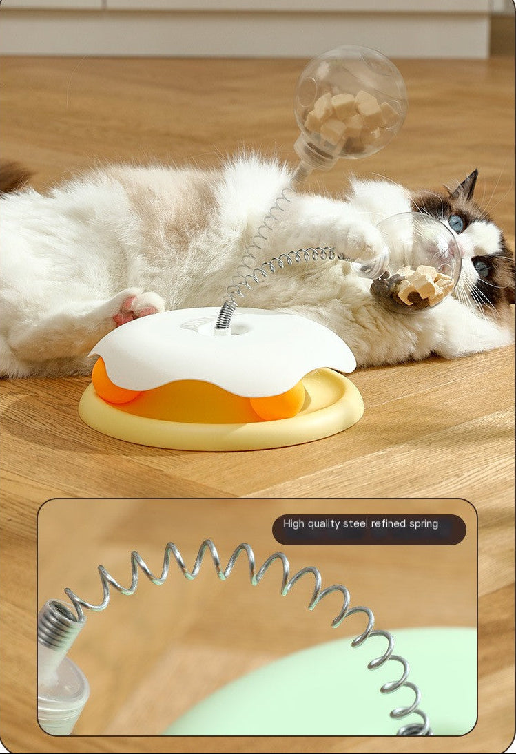 Product advertisement for high-quality stainless steel spring with a cat playing with a treat dispensing toy.