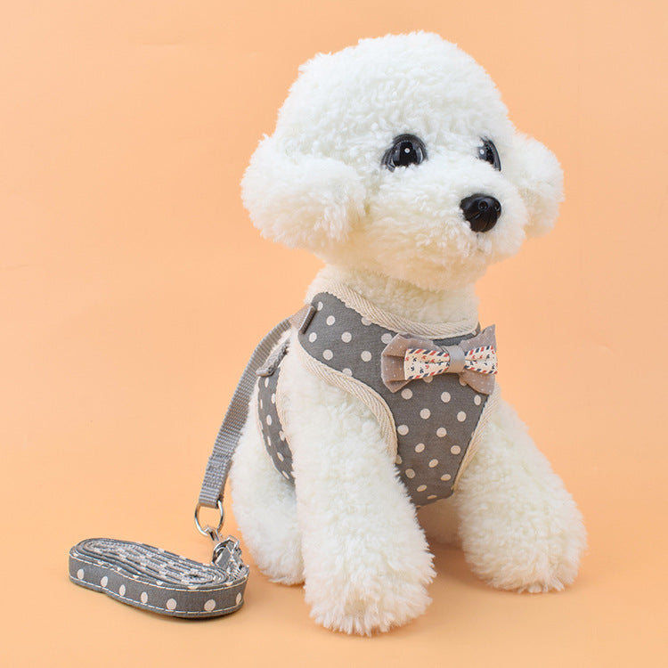 Bow Tie Chest Strap and Leash Combo Gray wave dots M