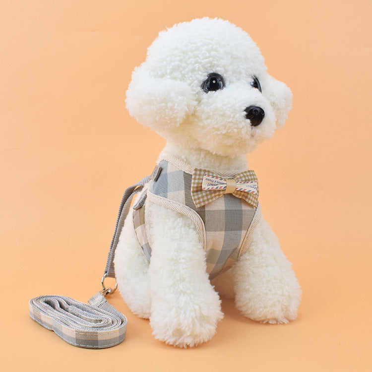Bow Tie Chest Strap and Leash Combo Blue white gray grid M