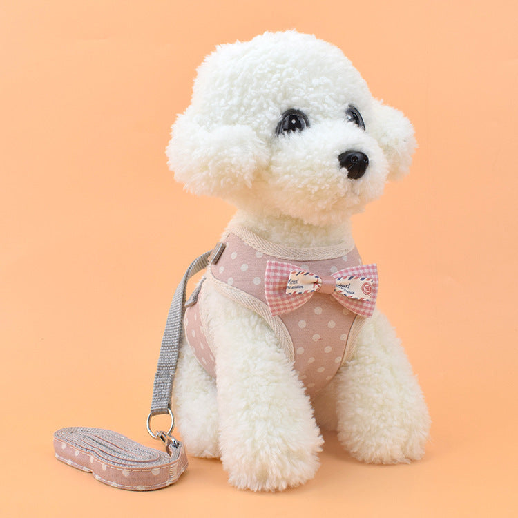 Bow Tie Chest Strap and Leash Combo Pink wave dots M
