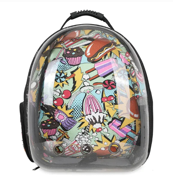 Colourful clear domed backpack with an interior pop art iced-lolly, hotdog, cherries, soda design shown on a white background