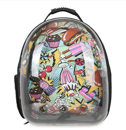 Colourful clear domed backpack with an interior pop art iced-lolly, hotdog, cherries, soda design shown on a white background