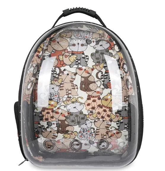 Pet carrier with black trim showing the comic cats interior through the clear dome, shown on a white background