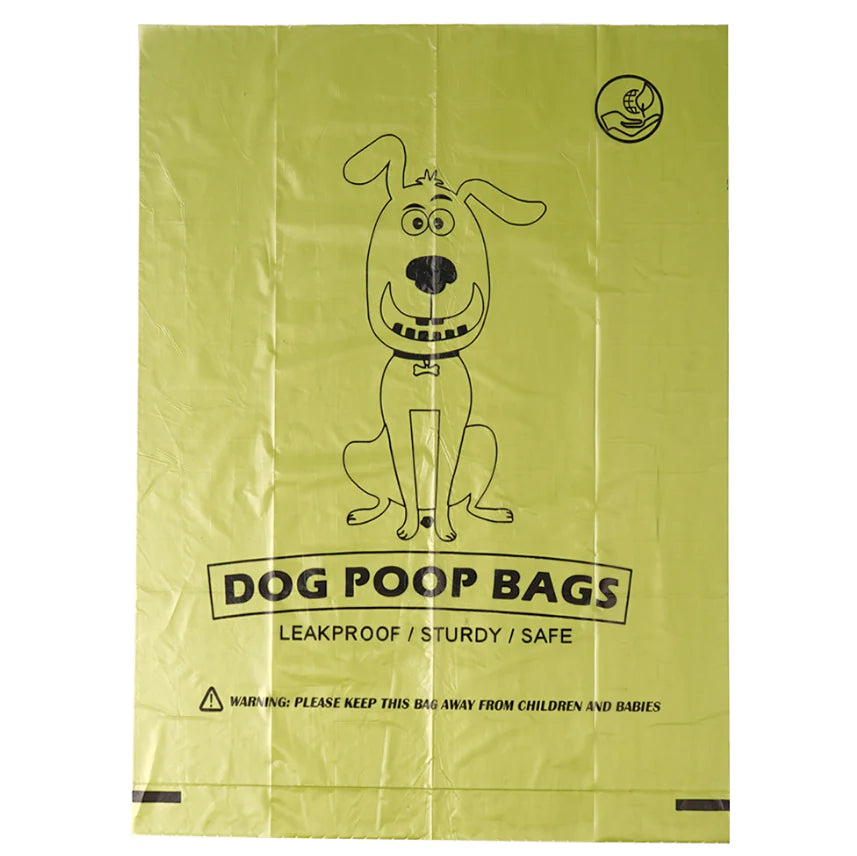 Dog poop bags packaging with a cartoon dog illustration on a green background
