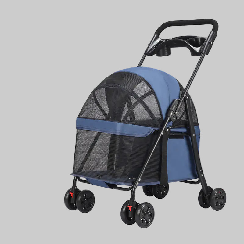 Blue pet stroller with black mesh on a light grey background
