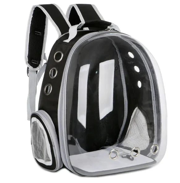 Black pet carrier with grey trim showing through the clear dome a black interior with grey trim, shown on a white background