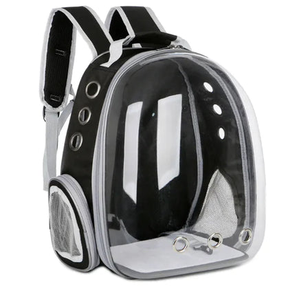 Black pet carrier with grey trim showing through the clear dome a black interior with grey trim, shown on a white background