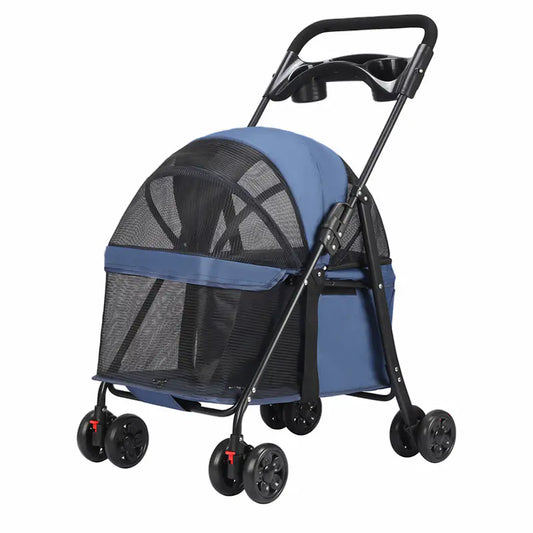 Blue pet stroller with black mesh cover on a white background