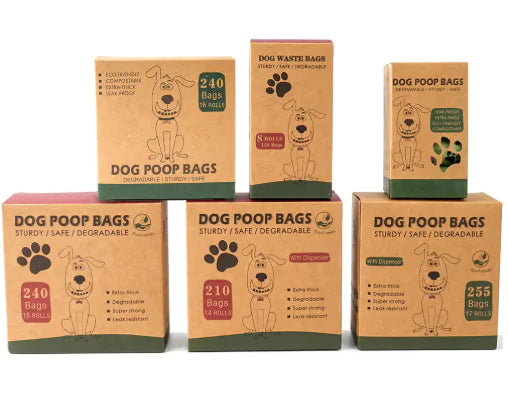 Multiple boxes of dog poop bags with varying quantities on a white background