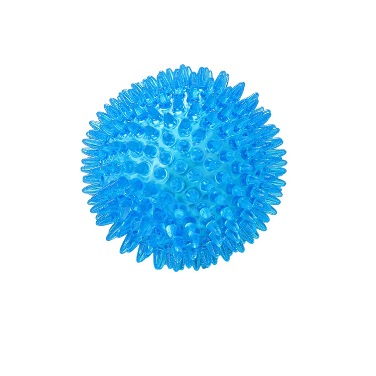 Blue textured spiky ball on a white with a white background