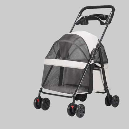 White pet stroller with black mesh cover on a light grey background