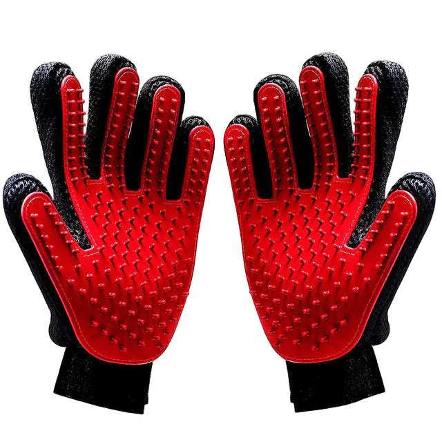 Red and black pet grooming gloves on a white background with text above each "left hand" and "right hand"