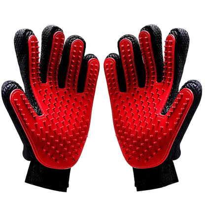 Red and black pet grooming gloves on a white background with text above each "left hand" and "right hand"
