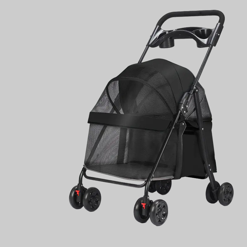 Black pet stroller with black mesh cover on a light grey background