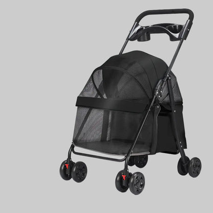 Black pet stroller with black mesh cover on a light grey background